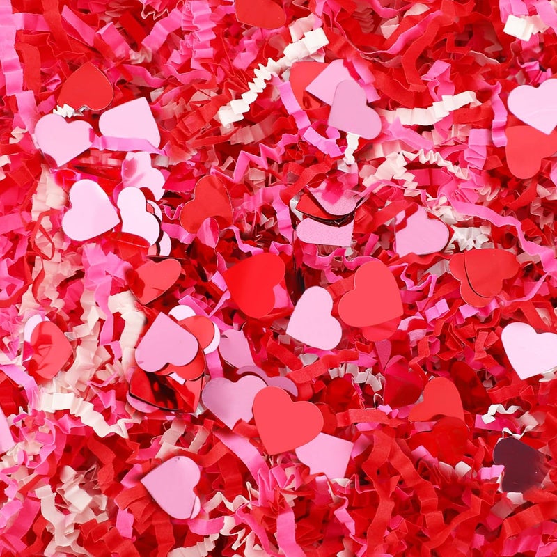 Jansun Valentine's Day Red Pink White Crinkle Cut Paper, 115g/4oz Shred Filler with Red Pink Heart Confetti for Gift Wrapping Craft DIY Basket Filling Holiday Party Decorations - Image 1